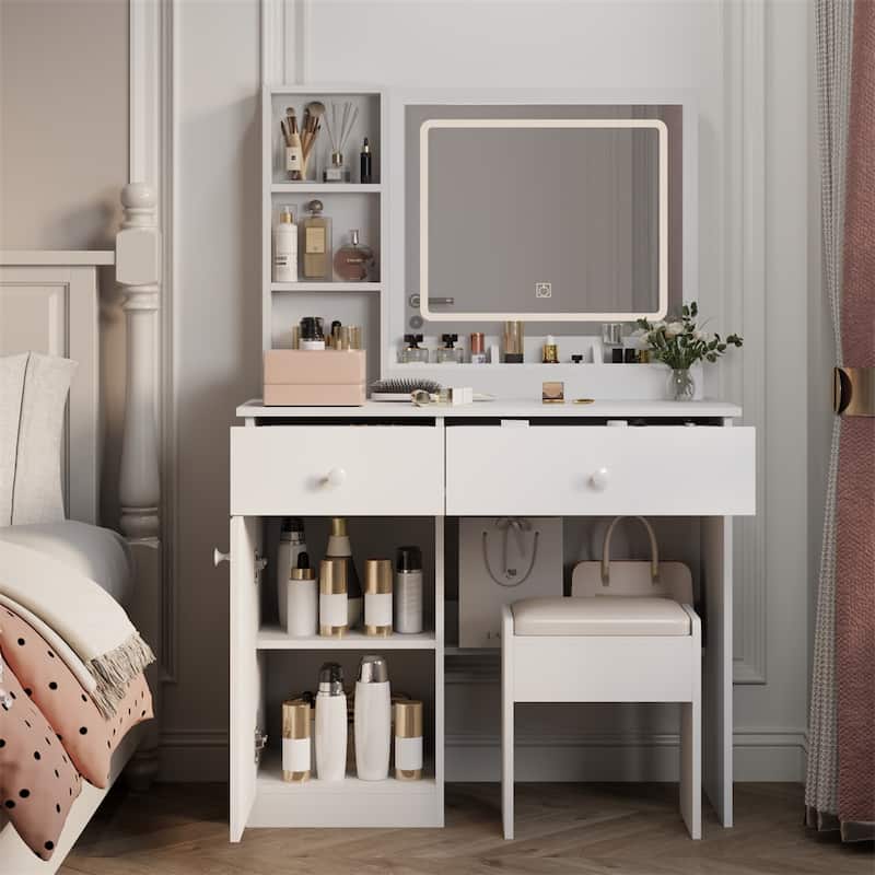 Fashion Vanity Desk with Mirror and Lights for Makeup, 2 Big Drawers