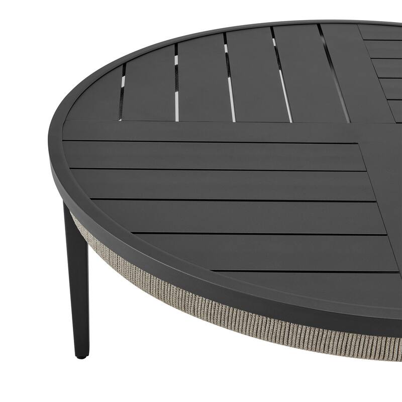 Hosa 42 Inch Outdoor Coffee Table, Black Round Slatted Top, Gray Rope Apron