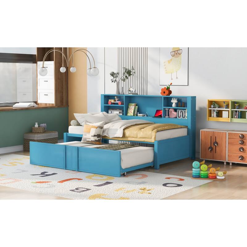 Blue Twin Size Daybed with Trundle, Storage Shelves, and USB Ports