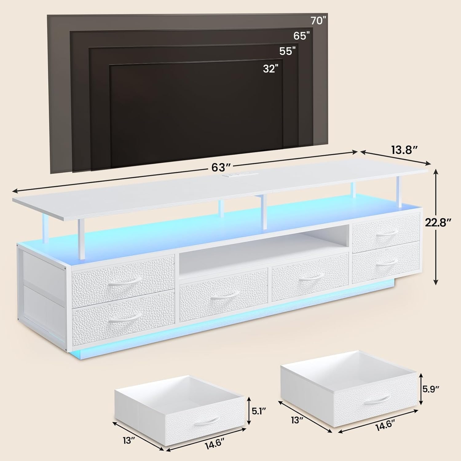 TV Stand 65 70 Inches TV LED Lights Power Outlets Storage Drawers