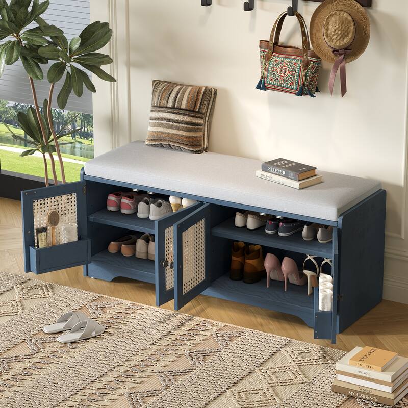 Rustic Storage Bench Multifunctional Wood Entryway Shoe Bench - Antique Navy