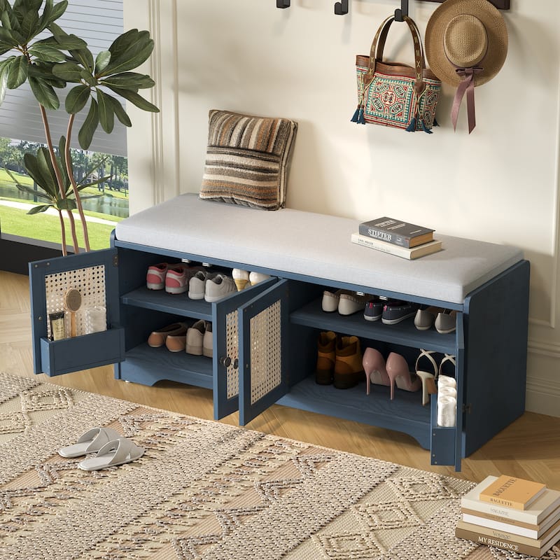 Rustic Storage Bench with Removable Cushion and Woven Rattan Doors