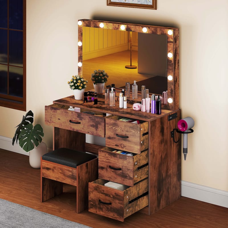 35.4" Mirror Makeup Vanity Table with Stool and Light Bulb - 35.4''L x 15.7''W x 53.5''H - Brown