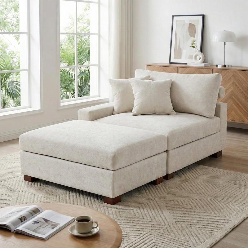 Modern Chenille Chaise Lounge Set with Ottoman - Lfet Facing - Off White