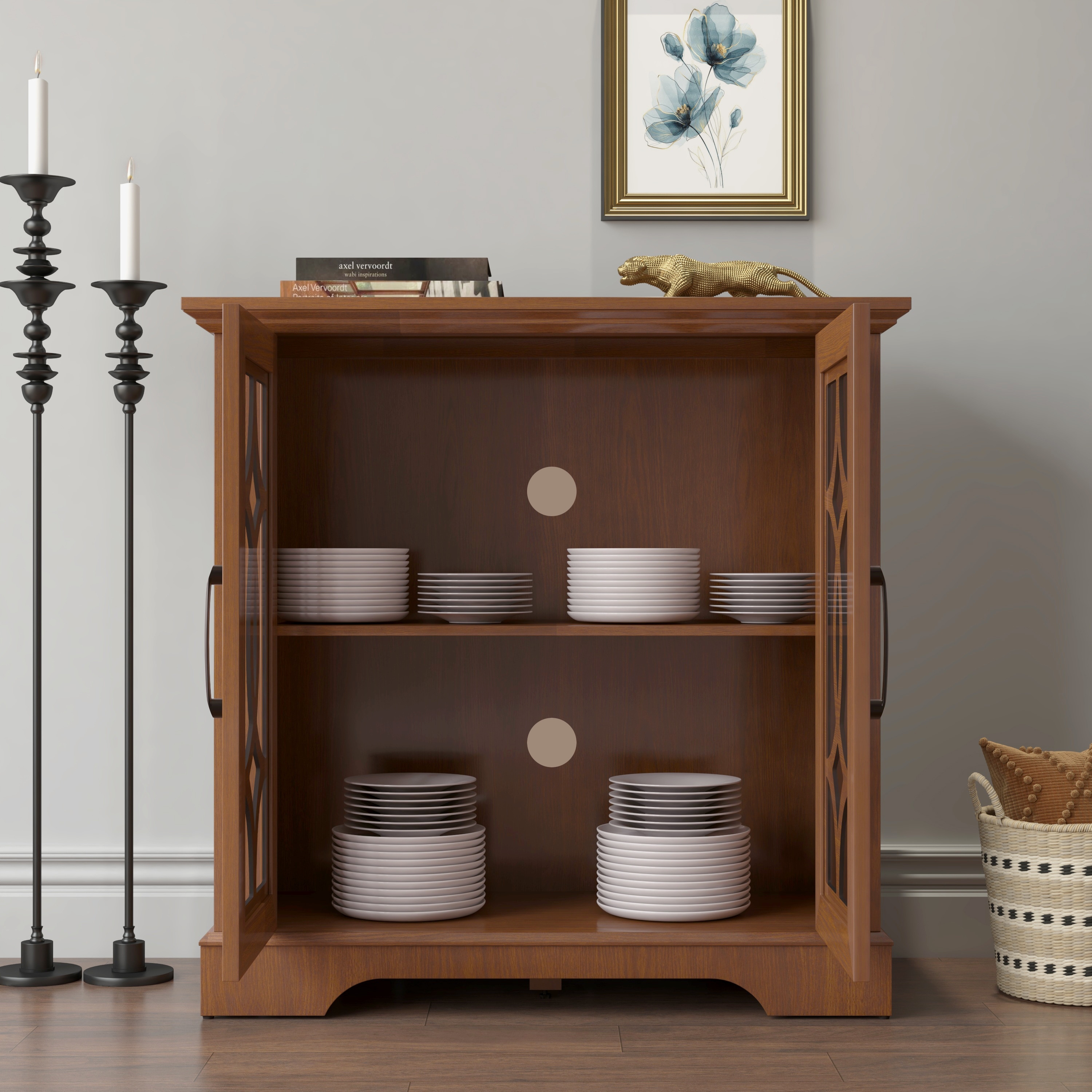 Sideboard Cabinet with Clear Tempered Glass Doors, Storage Cabinet with Adjustable Shelf, Large Capacity Wooden Accent Cabinet