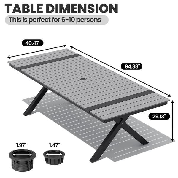 dimension image slide 3 of 4, Outdoor Patio All-Weather Aluminum X-Shaped Rectangular Dining Table with Umbrella Hole