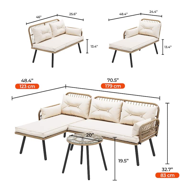 Moasis 3-piece Wicker Patio Furniture Set Rattan Sectional L-Shaped Sofa Detachable with Cushions - 70.5"L x 48.4"W x 32.7"H