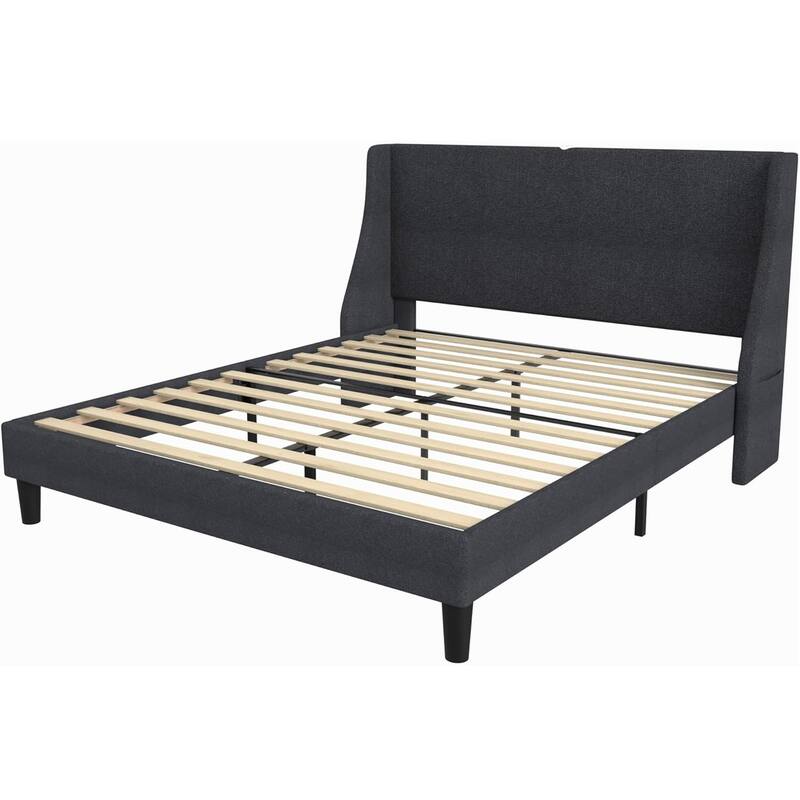 VECELO Bed Frame with Upholstered Wingback Headboard,Platform Bedframe with Charging Station & Side Pockets
