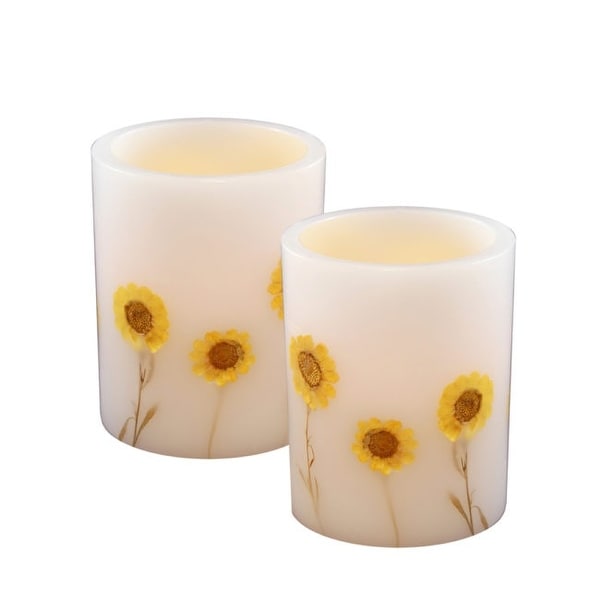 Set of 2 White and Yellow Dried Flower Battery Operated LED Wax Candles 5” - N/A