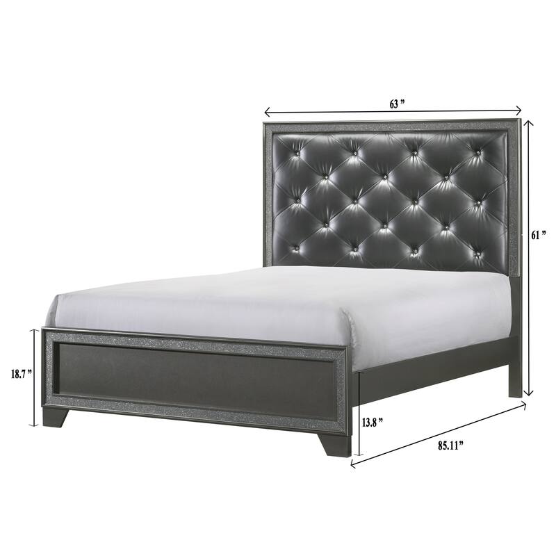 Queen Size Panel Bed with Dark Gray Shimmering Finish and Tufted Upholstery