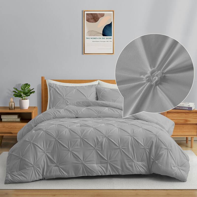 3 Piece Pintuck Pinch Pleat Comforter Set, Bedding Set for All Season, Dark Gray