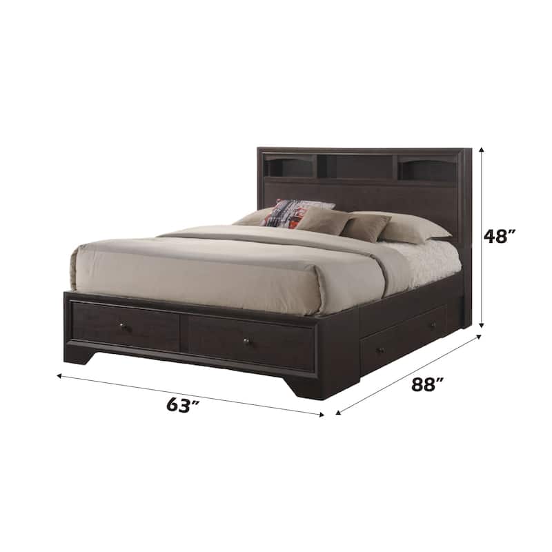 Espresso Finish Queen Bed with Bookcase Headboard and 4 Storage Drawers