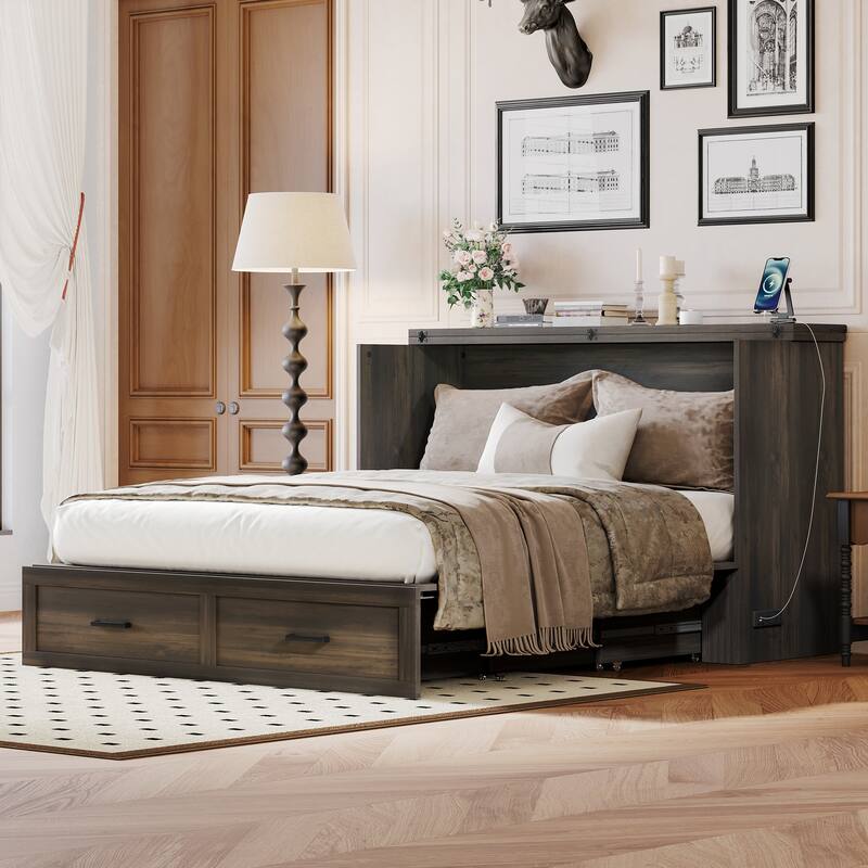 Full/Queen Size Pull Out Murphy Bed Frame, Wood Foldable Platform Cabinet Bed with Charging Station and Large Storage Drawers