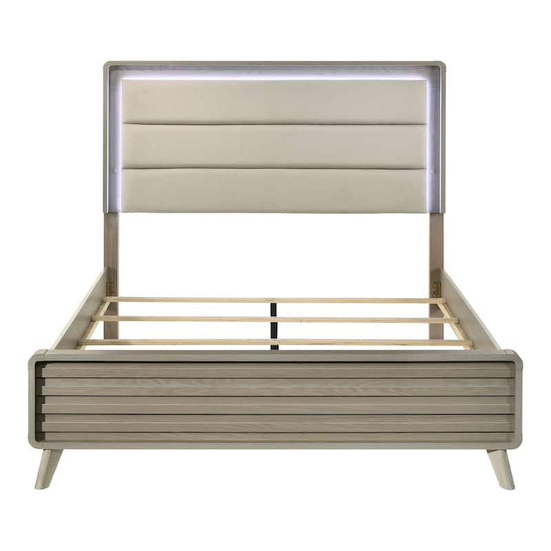 Furniture of America Thaila Modern 4-Piece Grey Wood Upholstered Panel Bedroom Set with LED on Headboard