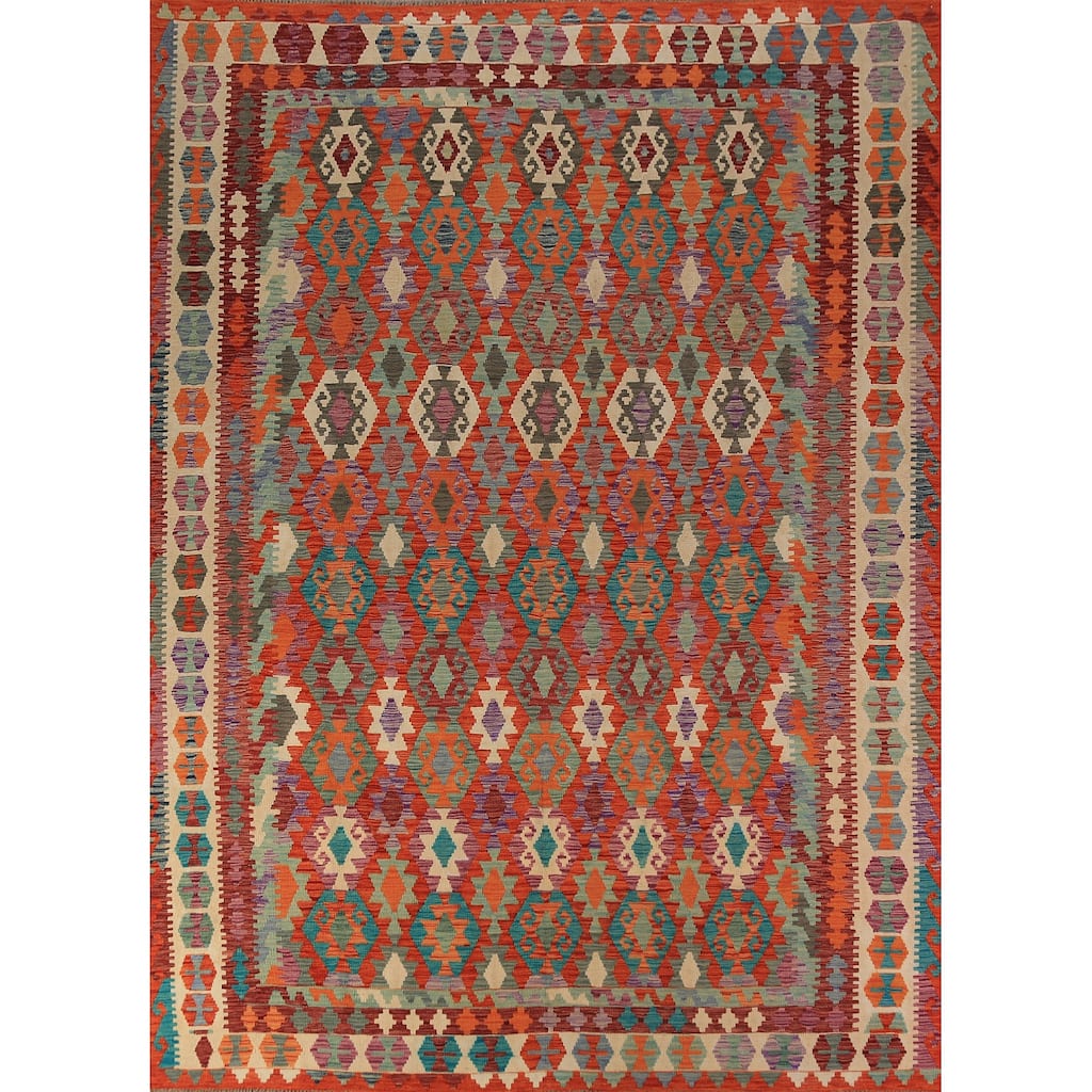 All-Over Geometric Kilim Area Rug Hand-Woven Wool Carpet - 8'7"x 11'4"