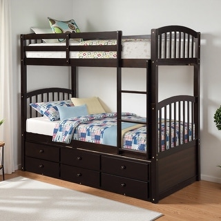 Twin Over Twin Solid Wood Bunk Bed with Twin Trundle and 3 Drawers ...