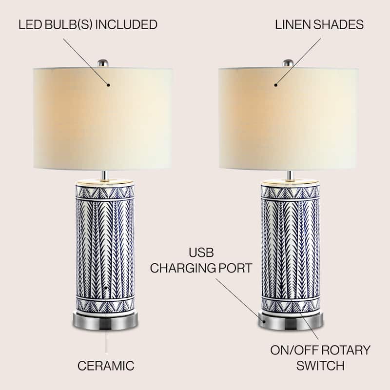 Serge 27" Ceramic/Iron Contemporary USB Charging LED Table Lamp, Navy/Chrome by JONATHAN Y