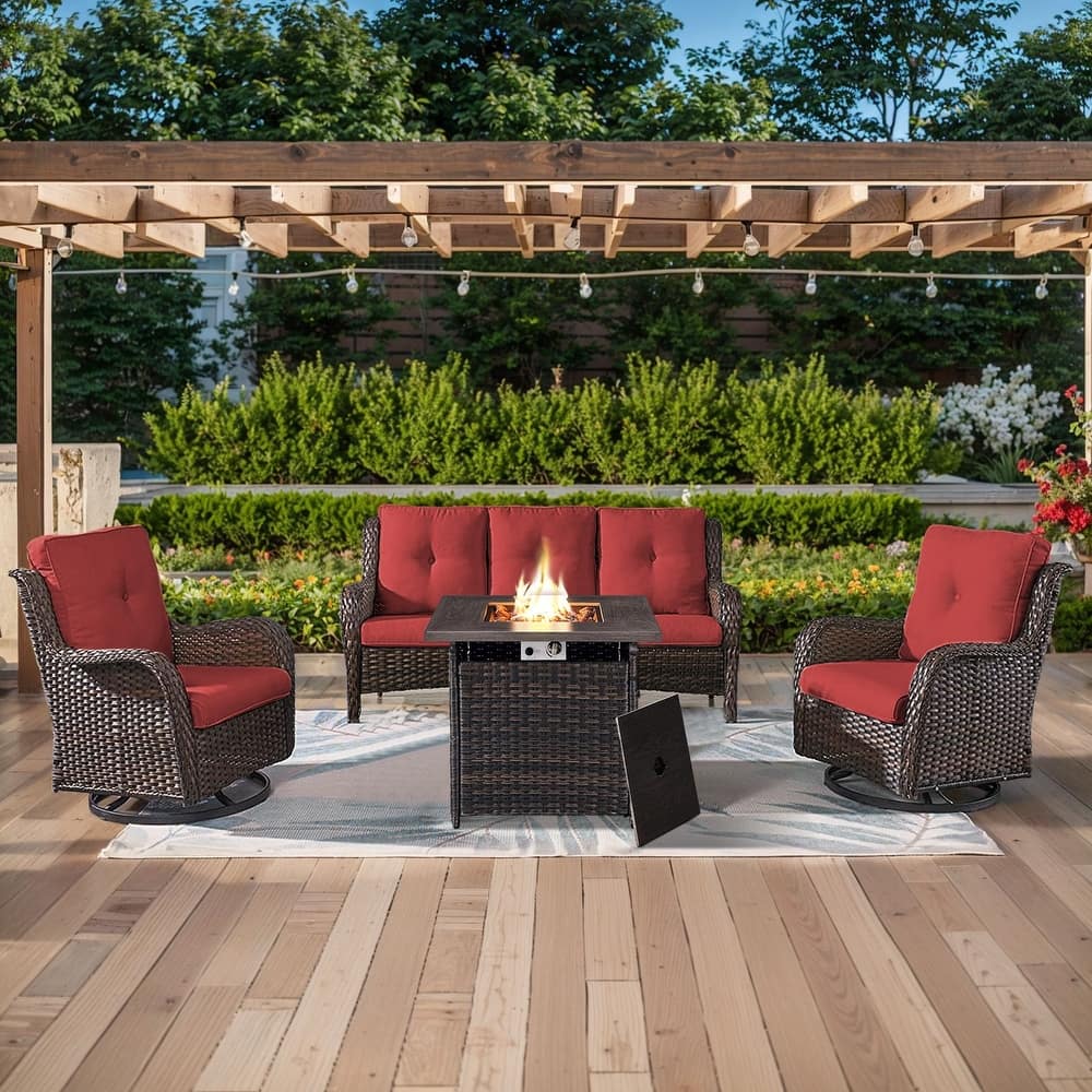 Gymojoy 4-Piece Outdoor Wicker Patio Furniture with Fire Pit Table, Rattan Coversation Set with Water Resistant Thick Cushions