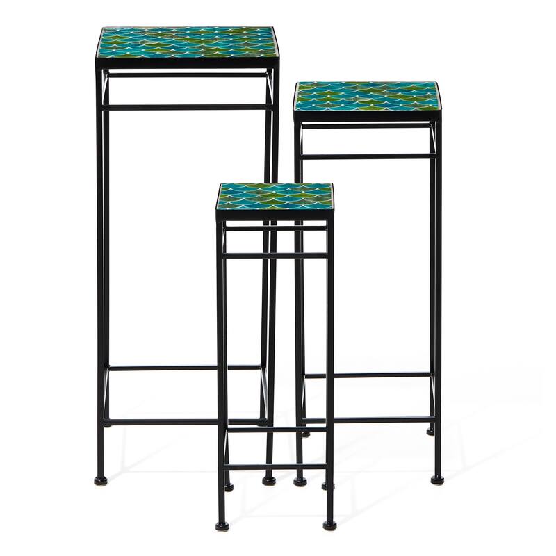 Glitzhome Set of 3 Metal Nesting Planter Stands Square Plant Holder with Green Pattern Ceramic Tiles Table Top