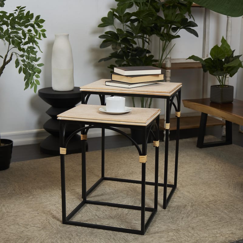 Metal Arched Side End Accent Table with Wood Zig Zag Patterned Top and Rattan Accents - Set of 2 Black - Roche River Decor