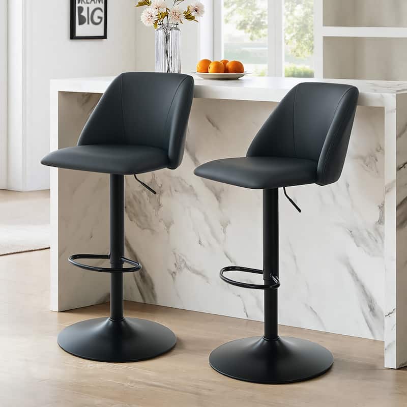 RENEWLINE Adjustable Swivel Bar Stool - PU Leather Counter Height Stool with Square Open Back for Kitchen Island - Set of 2 - Black
