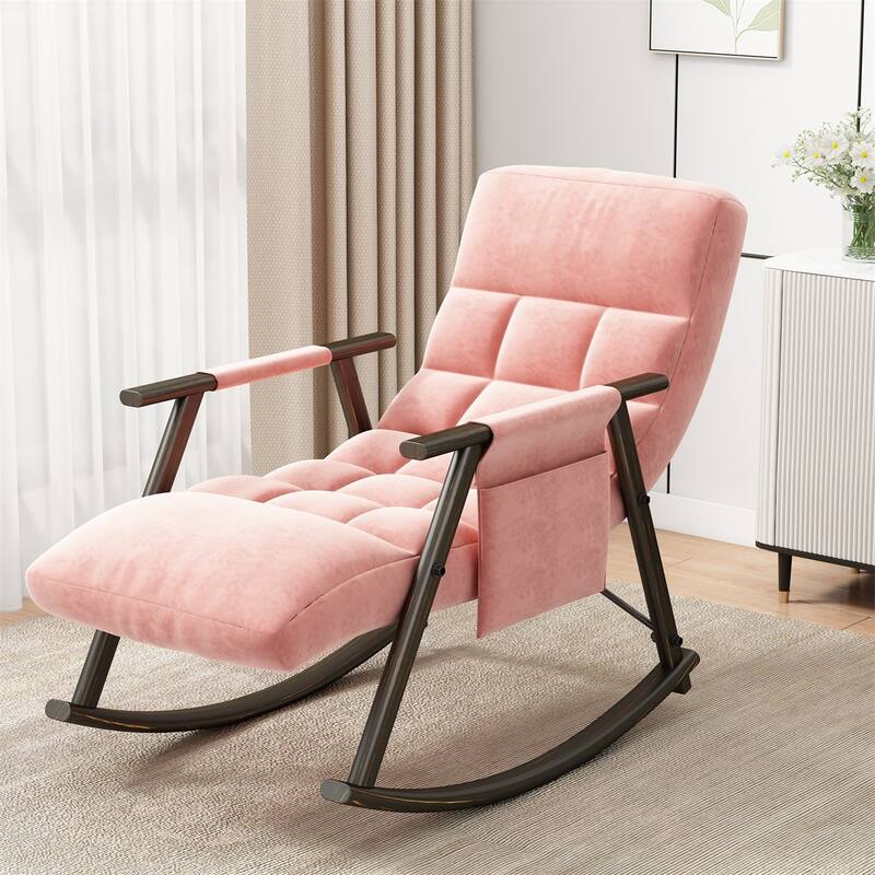 Upholstered Rocking Chair with Adjustable High Back, Side Pockets