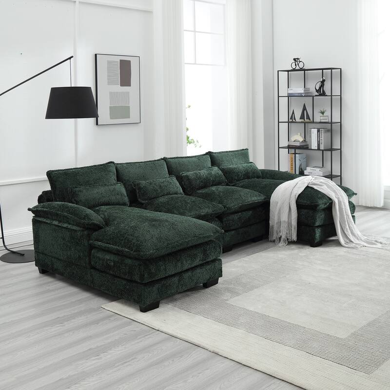 Modern Large chenille Fabric U-Shape Sectional Sofa with Ottomans, Reversible Sofa Couch for Living Room