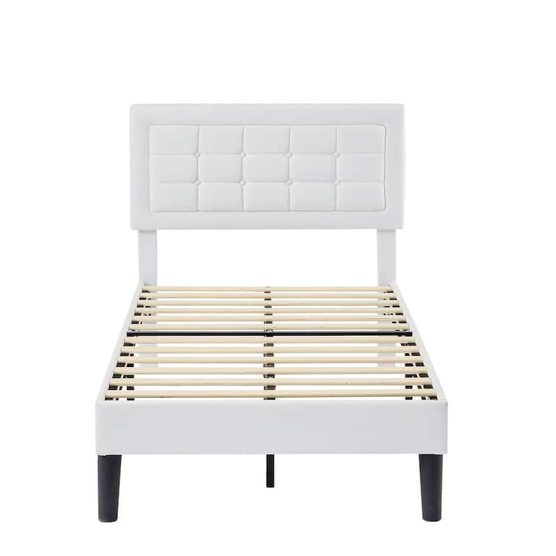 Strong Frame and Wooden Slats Support Bedframe，Platform Bed Frame with Linen Upholstered Headboard,White Bed Frames