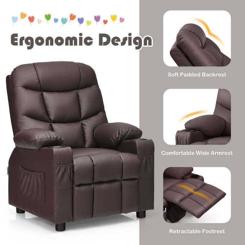 Costway Kids Youth Recliner Chair PU Leather w/Cup Holders & Side