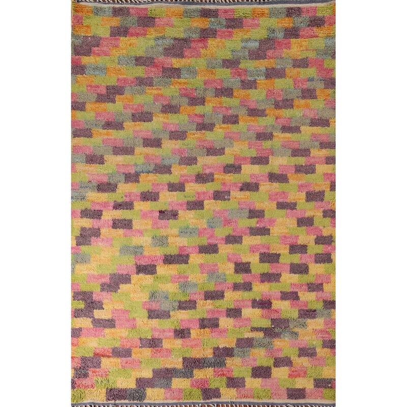 Checkered Moroccan Oriental Area Rug Hand-Knotted Wool Carpet - 6'11" x 10'4"