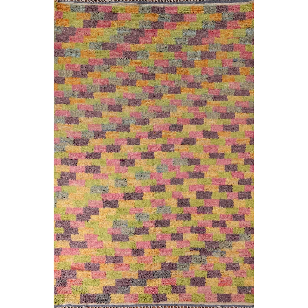 Checkered Moroccan Oriental Area Rug Hand-Knotted Wool Carpet - 6'11" x 10'4"