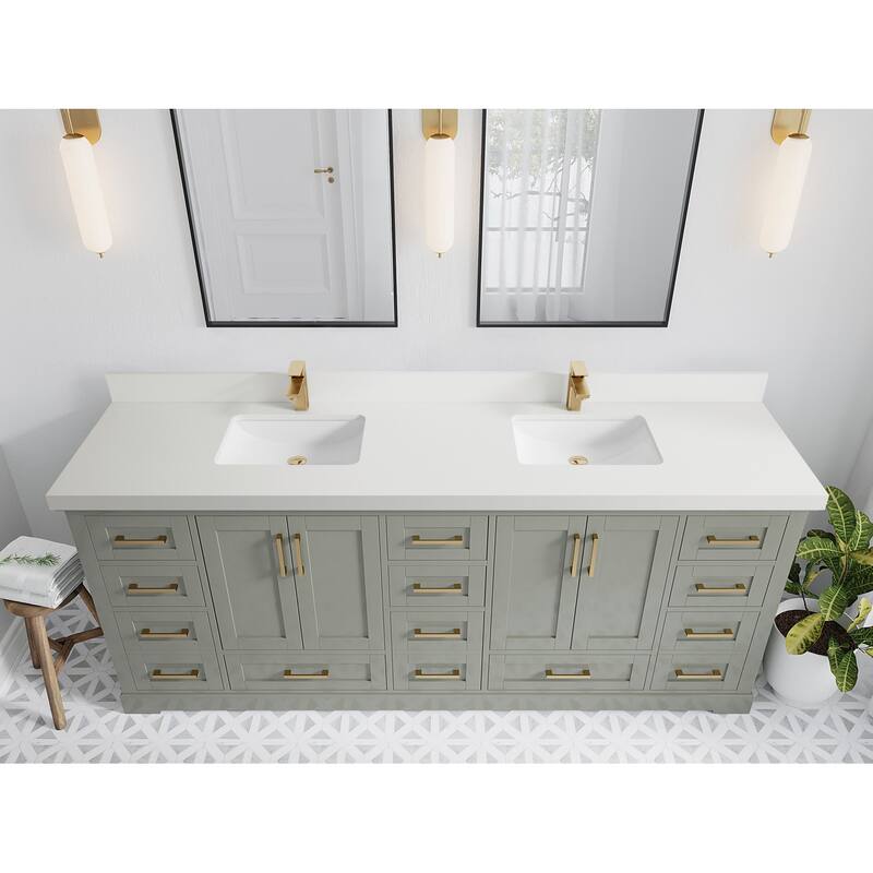 Willow Collection 84 in W x 22 in D x 36 in H Boston Double Bowl Sink Bathroom Vanity with Countertop - 2"White Quartz - Evergreen