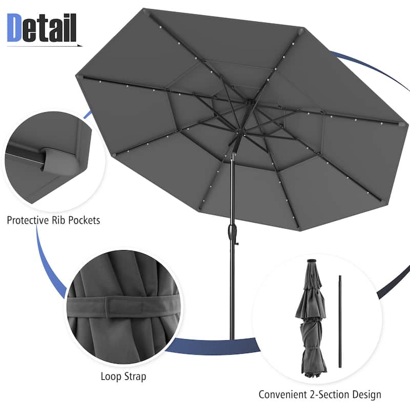 Gymax 10 FT Solar Patio Umbrella w/ 32 LED Lights 3-Tier Vented Top