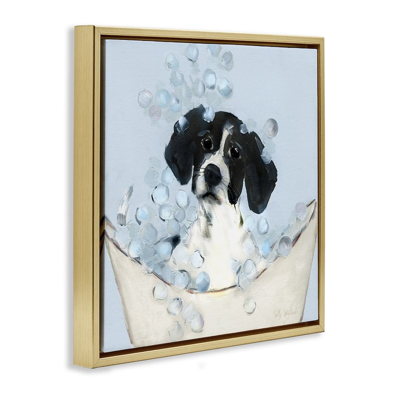 Stupell Black & White Puppy in Tub Framed Floater Canvas Wall Art Design By Sally Swatland