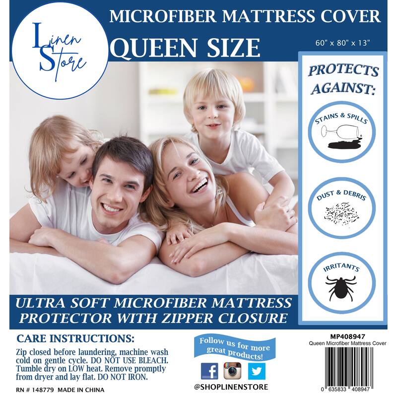 Premium Microfiber Mattress Cover Waterproof Shield Zippered Mattress Bed Protector, Velcro Zip, Ultra Soft - White - Queen