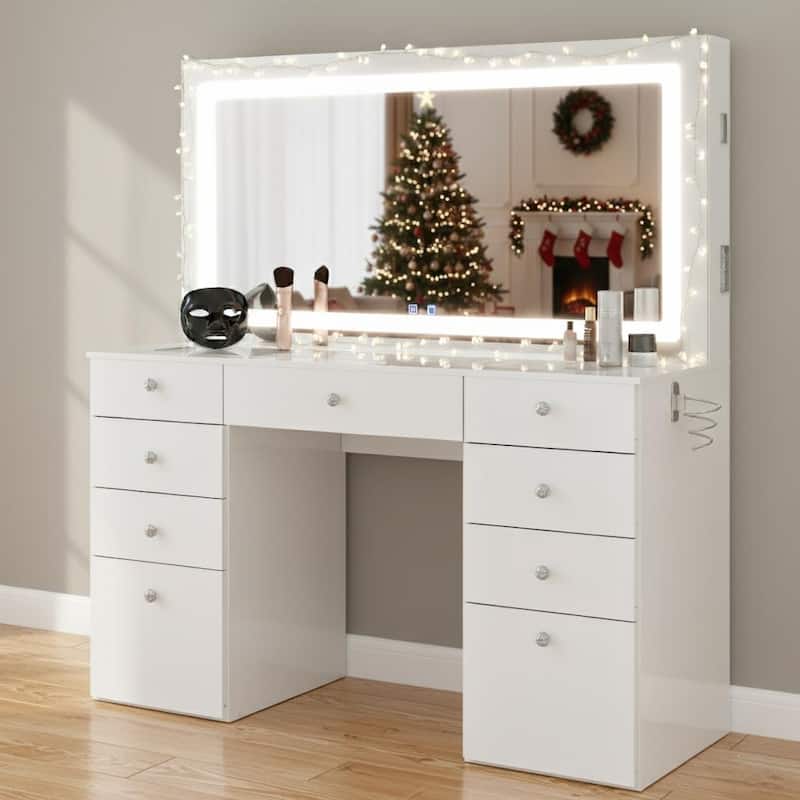 Smart Makeup Vanity Desk with LED Lighted Mirror, Bluetooth Speakers, Glass Top & 11 Drawers, White - White