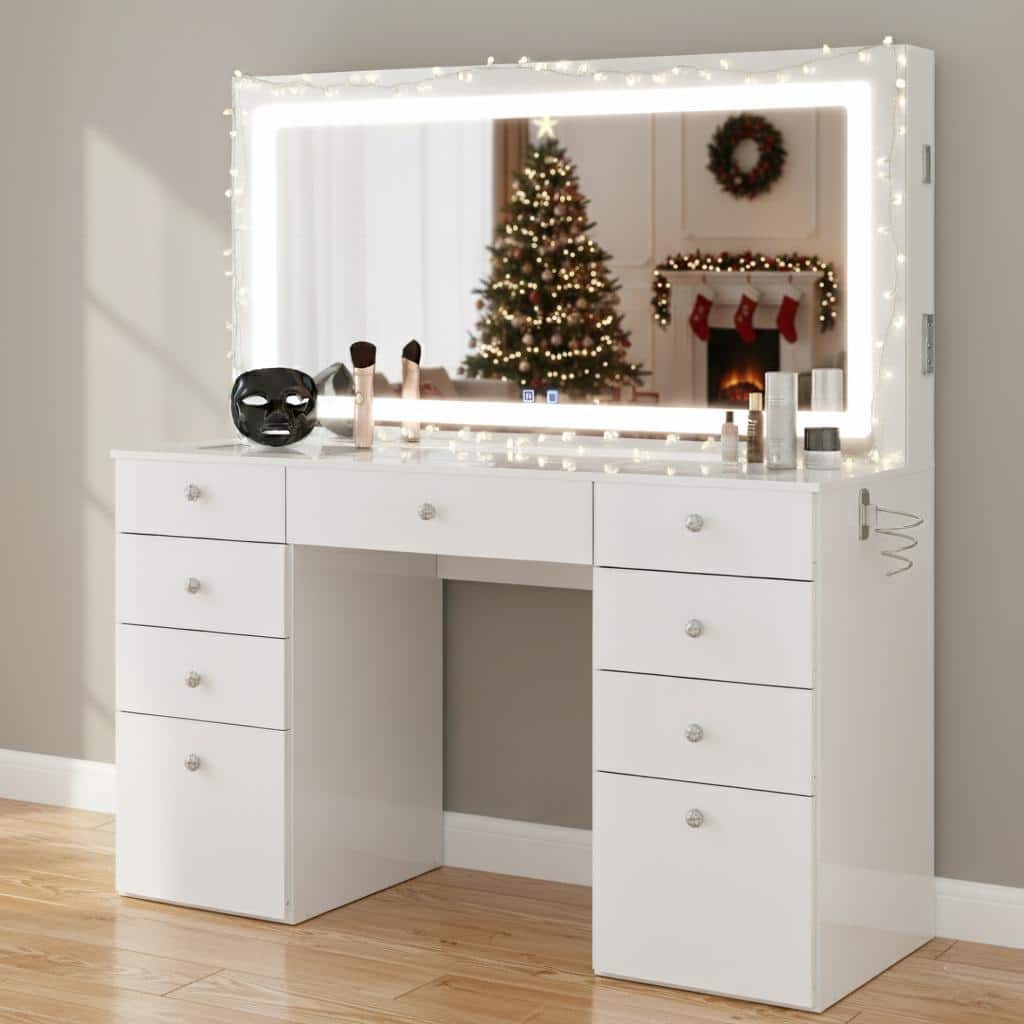 Smart Makeup Vanity Desk with LED Lighted Mirror, Bluetooth Speakers, Glass Top & 11 Drawers, White