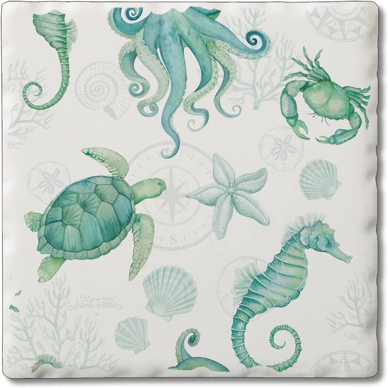 Absorbent Stone Tumbled Tile Coasters, Beach Therapy Sealife, Set of 4 - Multi