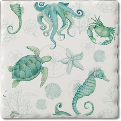Absorbent Stone Tumbled Tile Coasters, Beach Therapy Sealife, Set of 4
