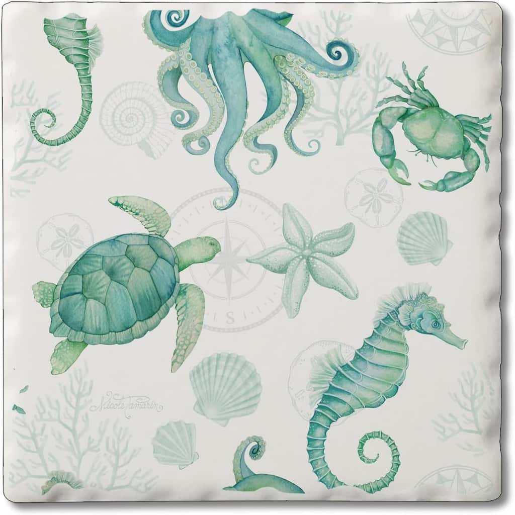 Absorbent Stone Tumbled Tile Coasters, Beach Therapy Sealife, Set of 4