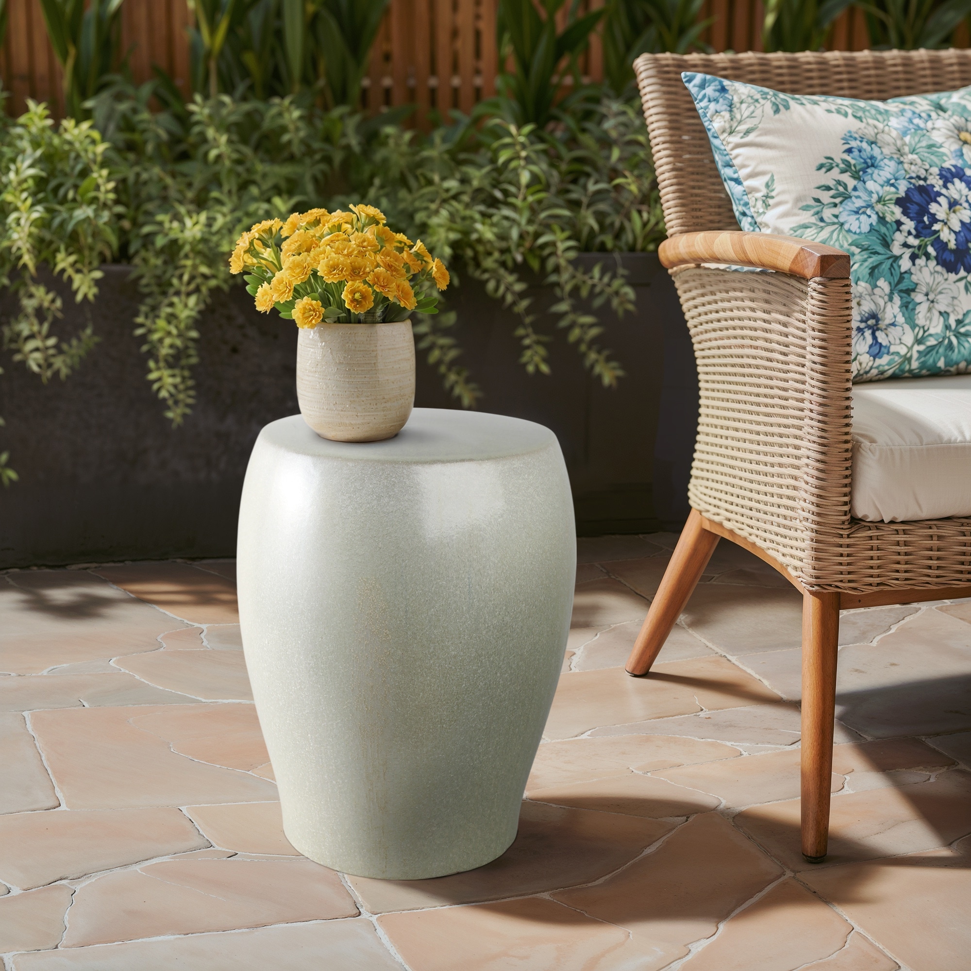 Ceramic Garden Stool Modern Accent Seat for Home Office - 19" Ivory