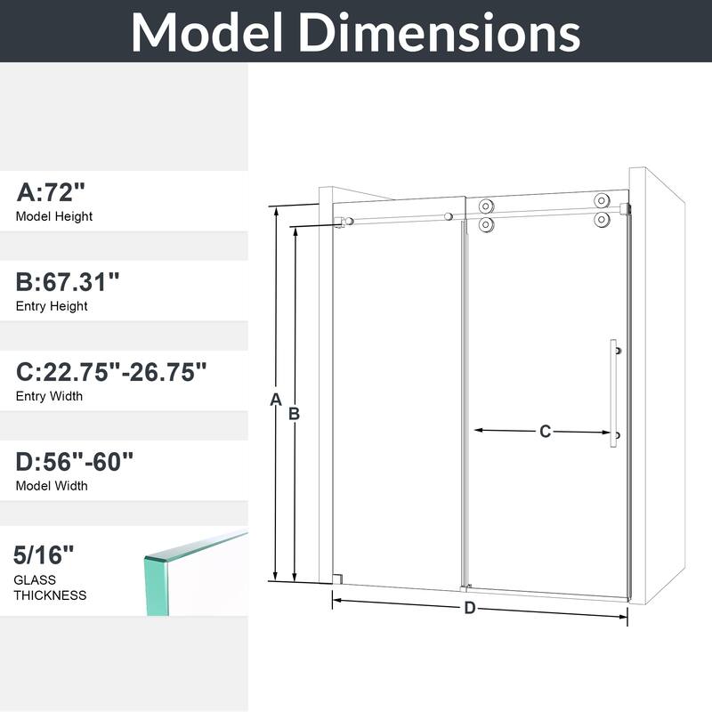 56"-60"W x 72"H Frameless Single Sliding Shower Door - 5/16" (8mm) Clear Tempered Glass