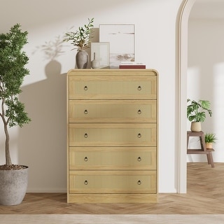 31" Tall Rattan 6 Drawer Dresser, Wood Chest Storage Cabinet Natural ...