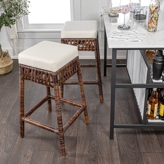 Bali Bohemian Woven Rattan Backless Bar Stool with Square Foam Cushion and Footrest for Kitchen Island or Home Bar