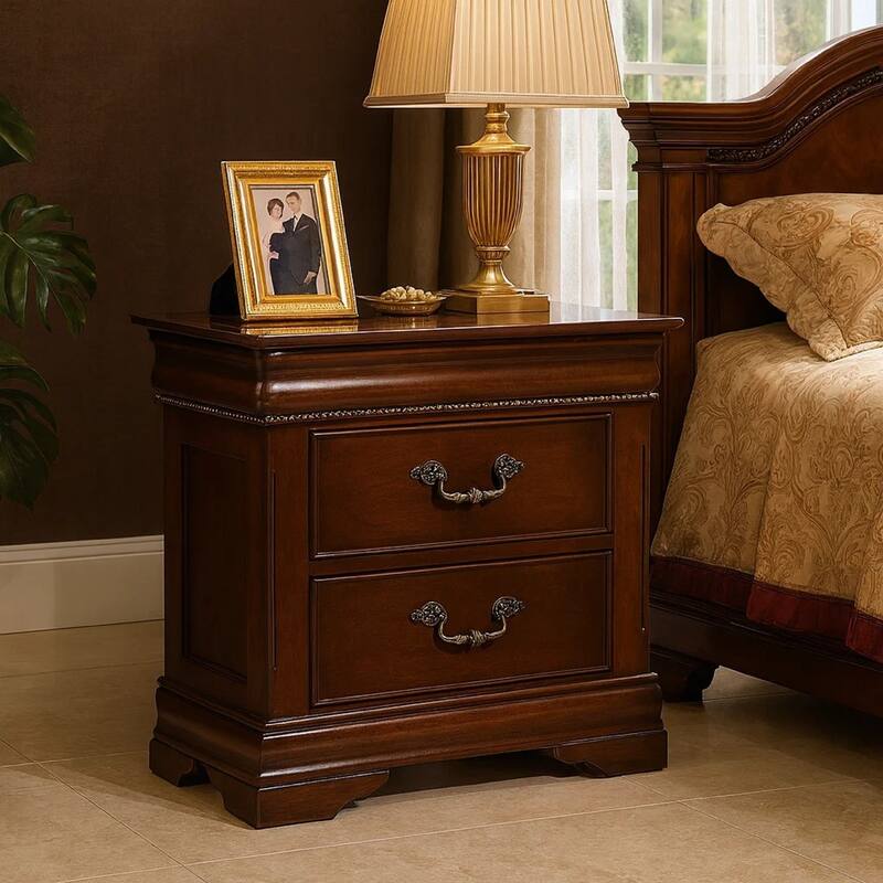 2 Drawer Wooden Nightstand with Hidden Top Drawer and Metal Handles, Brown