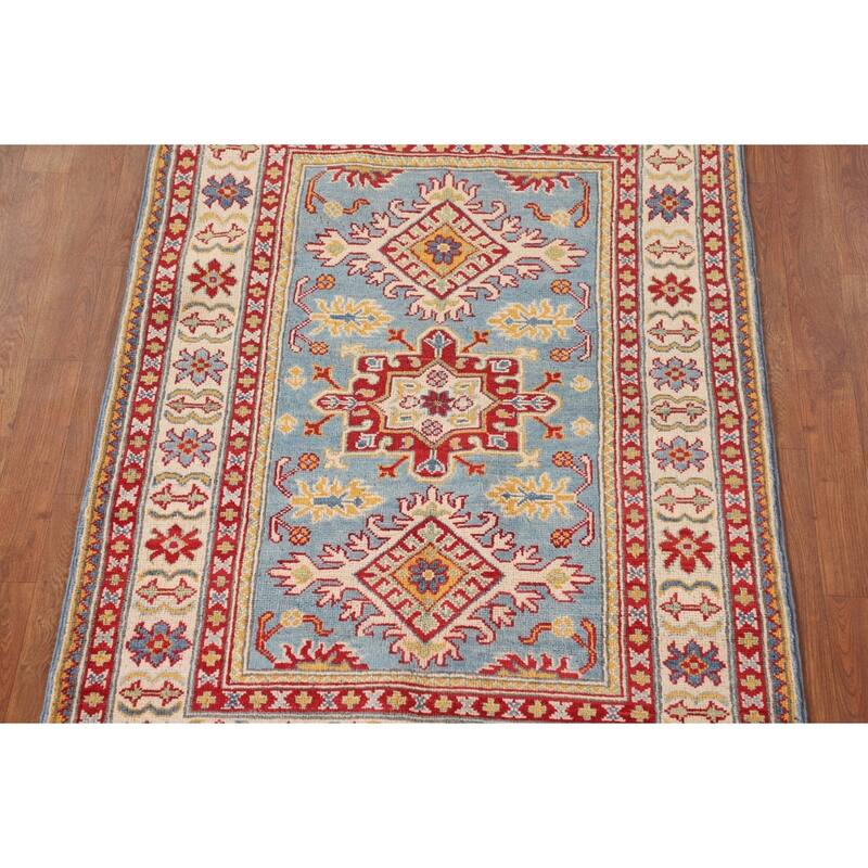 Light Blue Kazak Accent Rug Hand-Knotted Geometric Wool Carpet - 3'4"x 4'11"
