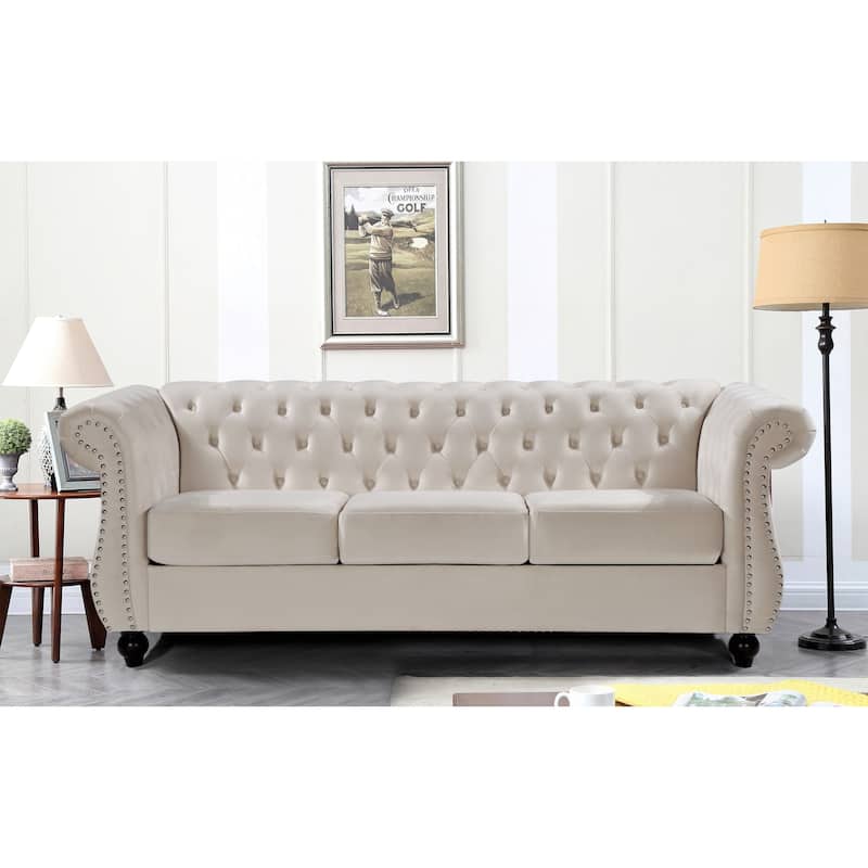 Kemos Velvet Chesterfield Sofa - Ivory