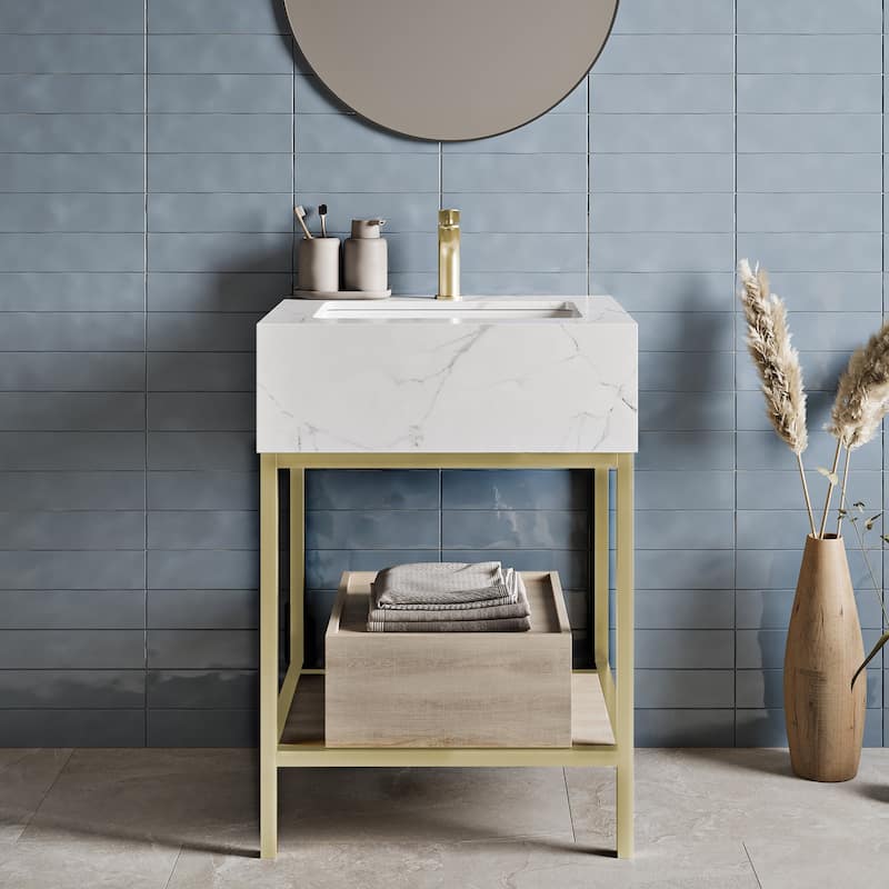 Beau 24" Freestanding, Bathroom Vanity in Oak and Calacatta - Brown - Wood Finish