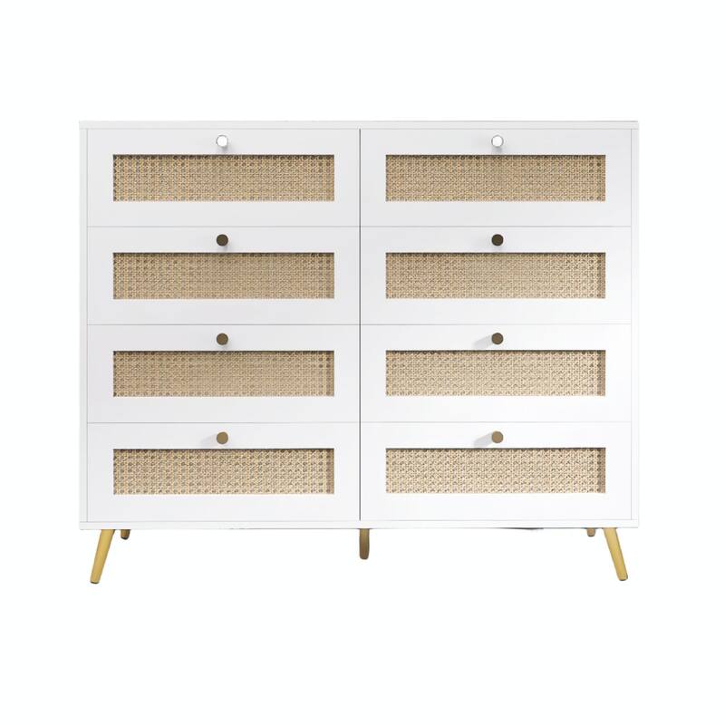 8-Drawer Chest of Drawers with Rattan Drawer Fronts, Golden Legs, and Handles