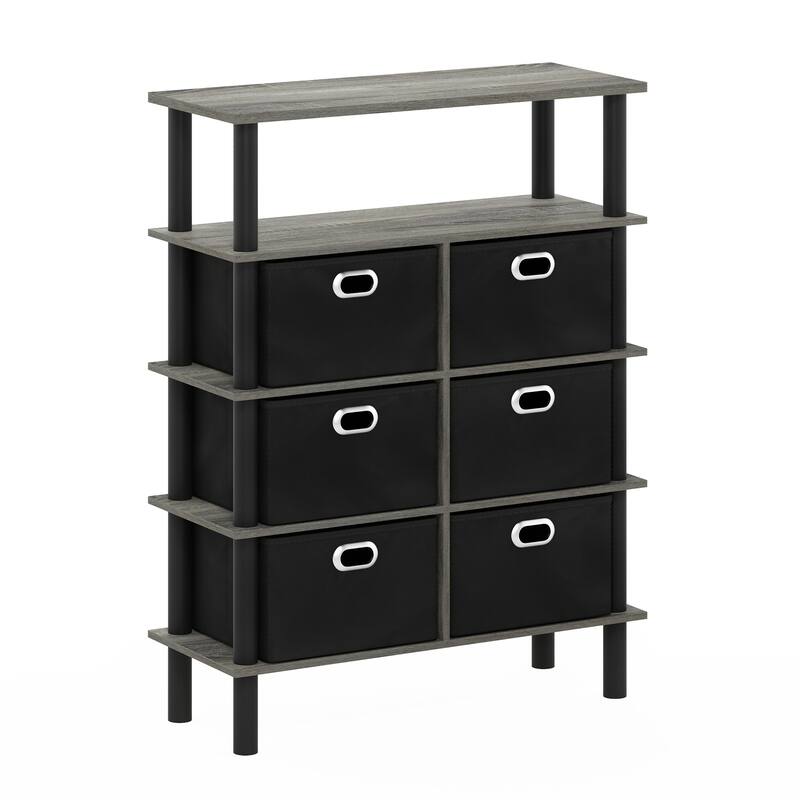 Furinno Frans Turn-N-Tube Console Table with Bin Drawers, Black Oak/Black/Brown